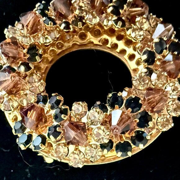 Vintage 1950s Circle Brooch Smoky Brown Jet Rhinestones Goldtone Mid Century Pin - Picture 10 of 12